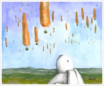 Mimi, the rabbit watching the hot air carrot balloons, giclee print