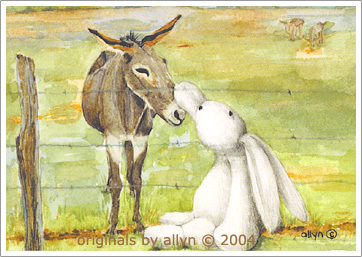 Mimi the rabbit petting a donkey, giclee print