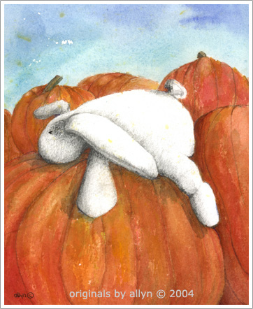 Mimi, the rabbit sleeping on pumpkins, giclee print