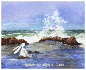 Mimi, the rabbit watching waves at the beach in greeting cards, note cards, holiday cards, print